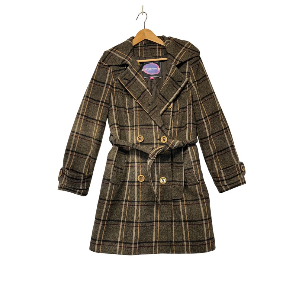 Bibise Clothing Brown Plaid Wool Blend Double Breasted Trench Coat Size 40